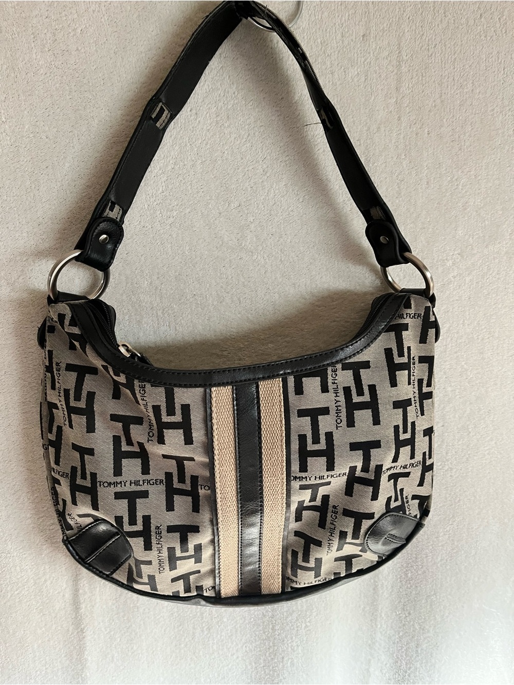 Tommy Hilfiger Beige and Black Monogram Shoulder Bag